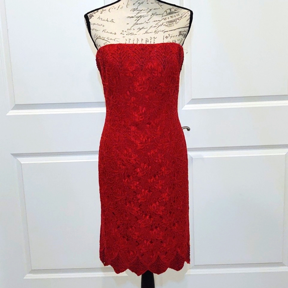 💃Carmen Marc Valvo Signature Size 10 Red Strapless Party Dress 🎉💃
